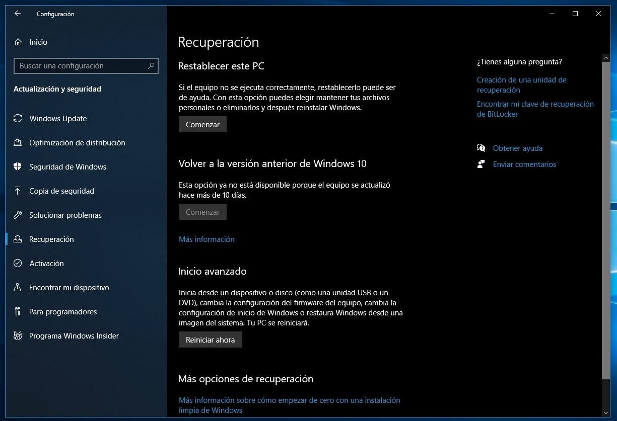 Recuperación de Windows 10